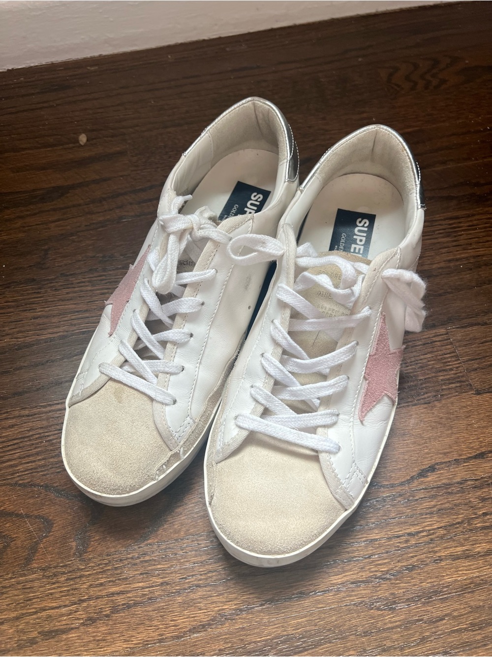 Golden Goose Superstar White Sneakers with Pink Star Accent